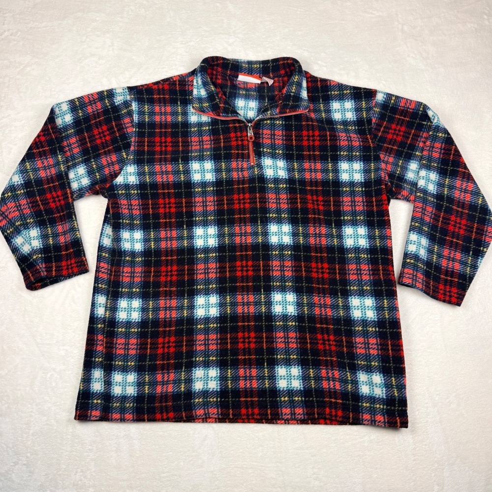 Vintage Liz Claiborne Plaid Fleece‎ Quarter Zip Pullover Size M Cabin Cozy
